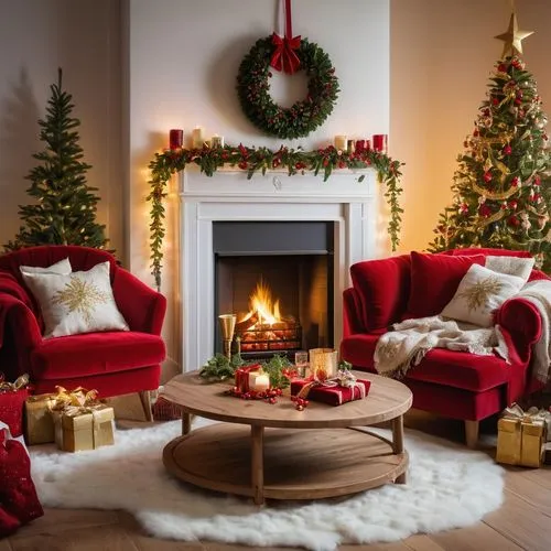 christmas fireplace,christmas gold and red deco,christmas room,christmas decor,christmas motif,fire place,fireplace,festive decorations,christmas scene,christmas landscape,christmas decoration,christmas wallpaper,christmas vintage,christmas circle,fir tree decorations,advent decoration,christmasbackground,christmas background,christmastime,yuletide,Illustration,Realistic Fantasy,Realistic Fantasy 06