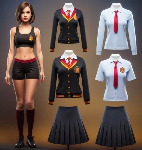 Paper doll Hogwarts 16 year old schoolgirl in black sleeveless shirt ,black tight fit spandex shorts with black sock and black shoe standing surrounded by with a set of Hogwarts Gryffindor school unif