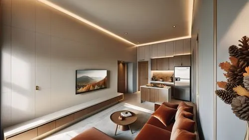 This photo showcases a living room and small kitchen in a hotel suite located in Puli, Taiwan, designed with a warm and elegant American autumn style. The room features stylish furniture and wooden de