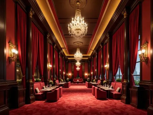 Rich velvet curtains, luxurious golden accents, soft warm spotlights, deep red walls, ornate architectural details, grand chandeliers, plush crimson seating, dramatic high ceilings, lavish carpeting, 