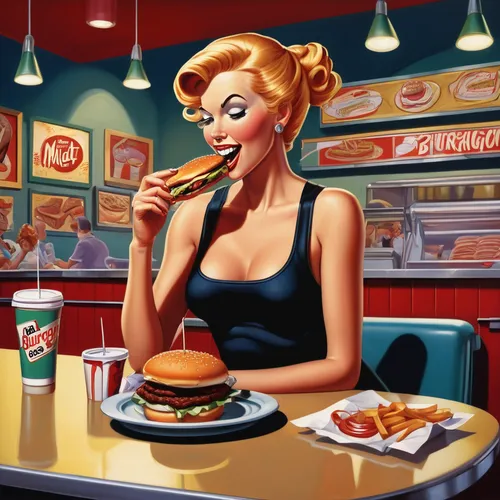 retro diner,fast-food,50's style,fifties,fastfood,fast food,fast food restaurant,retro woman,retro 1950's clip art,fast food junky,retro women,retro girl,diner,retro pin up girls,retro pin up girl,modern pop art,cool pop art,appetite,calorie,american food,Illustration,American Style,American Style 05