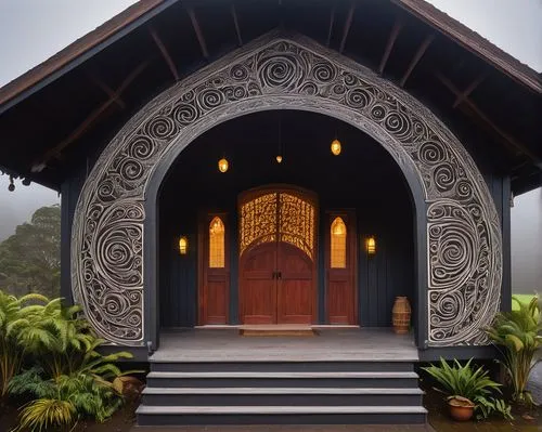 Traditional Maori meeting house, Wharenui, curved shape, carved wooden panels, intricate spiral designs, symbolic tribal patterns, Rotorua region, New Zealand, wooden pillars, woven Tukutuku panels, s