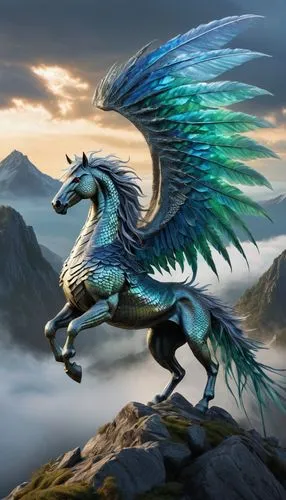 Mythic winged horse, dragon scales, majestic posture, powerful muscles, fiery red eyes, flowing silver mane, shimmering iridescent scales in shades of blue and green, delicate wings with feathery text