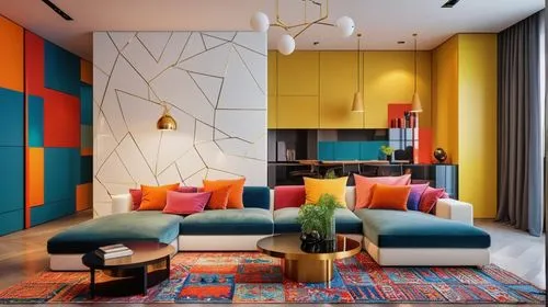 Postmodern Interior Design, Living room, bold geometrics, vivid colors, unexpected materials,modern decor,contemporary decor,interior design,color wall,interior modern design,mid century modern,search