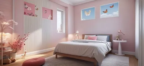 Create a sketch-style rendering of a playful and cozy child’s bedroom for a young girl. The room should feature a small bed with colorful bedding in soft pastels like pink, lavender, or mint green, wi