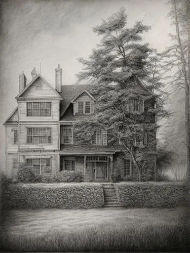 Impression in rough free-artistic pencil and charcoal style.,house drawing,lincoln's cottage,old colonial house,creepy house,maplecroft,farmhouse,charcoal drawing,new england style house,the haunted h