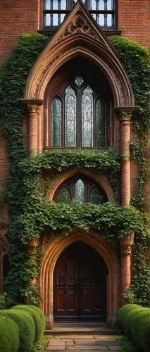 Victorian mansion, intricate stone carvings, Gothic arches, grand entrance with ornate door, stained glass windows, red brick facade, ivy climbing walls, sprawling greenery, London-inspired, foggy atm