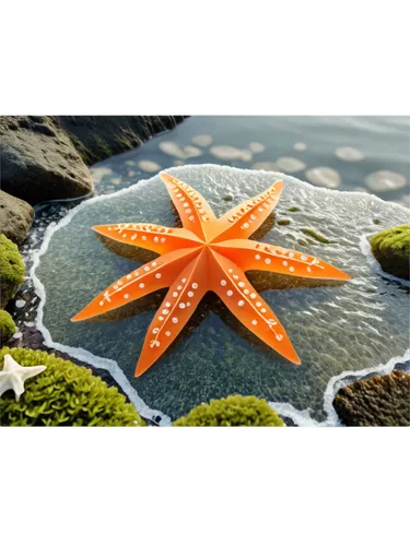 Starfish, orange body, five arms, tiny eyes, suckers on underside, sitting on rock, seaweed wrapped around, ocean waves crashing in background, shallow water, morning sunlight, 3/4 composition, soft f