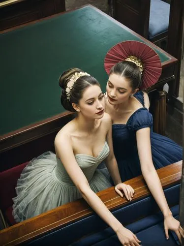 The two Legrand sisters in a Parisian piano bar. It should look as if a French Impressionist, as if Edgar Degas had painted the whole scene.,two beautiful young women are sitting together with red umb