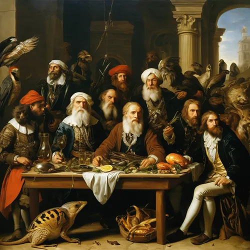 holy supper,last supper,group of people,seven citizens of the country,christ feast,the dining board,hunting scene,the conference,school of athens,gnomes at table,orientalism,food share,drinking party,gullivers travels,dinner party,torah,jewish cuisine,round table,the order of cistercians,biblical narrative characters,Art,Classical Oil Painting,Classical Oil Painting 37