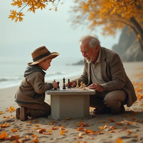 Create a highly realistic image of an elderly man and his 7-year-old grandson playing chess while seated in front of a beach in autumn. The elderly man is slightly hunched over, wearing a checkered bl