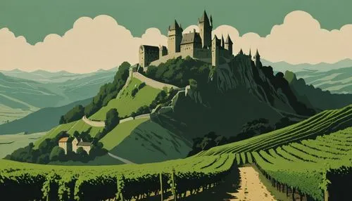 vineyards,castle vineyard,wine region,travel poster,high rhône valley,mosel,castel,rhone,vineyard,viticulture,vinpearl land,wine country,castles,southern wine route,cochem,castle of the corvin,knight's castle,wine-growing area,the valley of the,lavaux,Illustration,Japanese style,Japanese Style 08