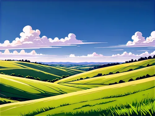 Land, green grass, rolling hills, distant horizon, clear blue sky, fluffy white clouds, afternoon sun, warm light, shallow depth of field, cinematic composition, soft focus, 3/4 angle, panoramic view.