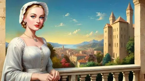 Romantic masterpiece oil painting, beautiful curvy woman portrait, tight abaya dress, nostalgic 1950's style kitsch, breathtaking beautiful epic vast landscape, majestic scenery, balcony view, highly 