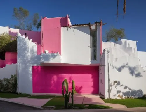 pink squares,dunes house,cubic house,cube house,stucco,mid century house,exterior decoration,color pink white,pink grass,stucco wall,house shape,house painting,house for rent,wall,magenta,colorful facade,modern architecture,flower wall en,cube stilt houses,woman house,Photography,General,Realistic