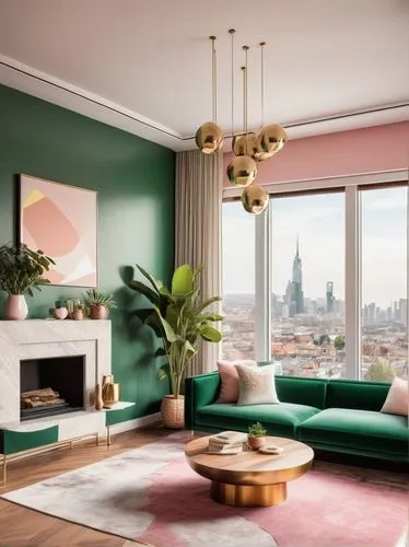 mahdavi,apartment lounge,livingroom,sitting room,living room,appartement,modern decor,paris balcony,penthouses,mid century modern,modern living room,interior decor,an apartment,green living,interior decoration,danish room,modern room,pink green,sky apartment,parisian,Illustration,American Style,American Style 02