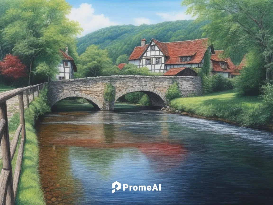 Charcoal drawing. The picture shows an idyllic scene of a rural area with a stone bridge in the foreground that crosses a clear river. The bridge has three arches and looks rustic and historic. On the