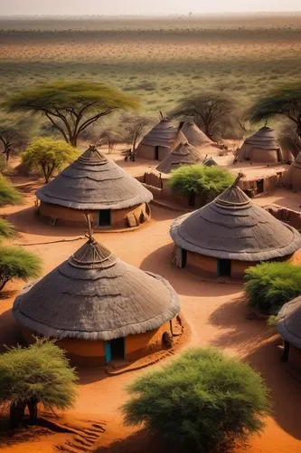 Vernacular architecture, Africa, earthy tones, natural materials, mud huts, thatched roofs, wooden doors, colorful textiles, vibrant patterns, geometric shapes, intricate carvings, adobe walls, rounde