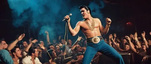 Elvis Presley, shirtless, muscular male, 1950s hairstyle, slicked back hair, iconic eyebrows, charismatic smile, gold chain necklace, blue jeans, black boots, microphone in hand, energetic performance