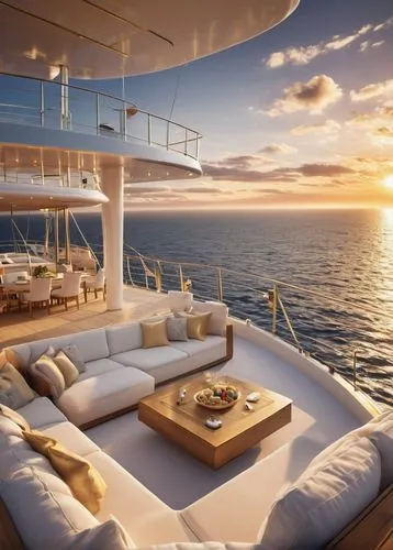 Luxurious architecture, modern yacht, sleek design, silver hull, spacious deck, glass windows, grand staircase, VIP lounge, champagne bar, sunbathing area, speedboat, sailing, ocean waves, seagulls fl