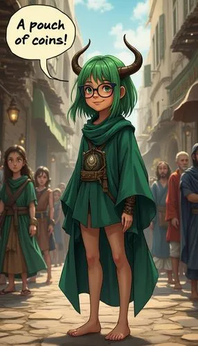 Draw in anime style 4 only: A Byzantine city marketplace. The people in the background are wearing Byzantine clothing. A nerdy, glasses-wearing, horned, barefoot, green-haired, evil druid girl, wearin