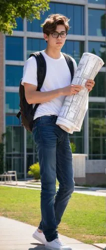 Young adult, male, university student, casual wear, messy brown hair, black-rimmed glasses, white T-shirt, dark blue jeans, sneakers, backpack, holding a large rolled-up blueprint, standing in front o