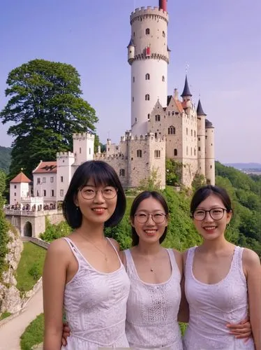 Asian tourist girls in front of Lichtenstein Castle.,the women are posing outside near a castle,eurasians,neuschwanstein,neuschwanstein castle,cultural tourism,asiaticas,azerbaijan azn,Conceptual Art,