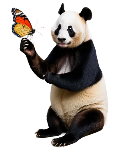 Giant panda, sitting, cute expression, black and white fur, gentle eyes, relaxed posture, holding a butterfly, colorful wings, delicate legs, perching on panda's paw, soft focus, warm lighting, shallo