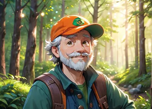 A 45 year old man, he is a forester, he is wearing an orange cap with a logo on it, his beard is chesnuts colored, he is wearing forester clothes green and brown colored, he has a few rickles on his f