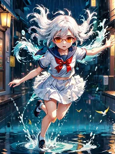 The delicate undersea pattern on the Japanese sailor uniform is eye-catching. A young girl wearing a retro Japanese sailor uniform gracefully leaps into the hazy water spray. The rain lazily swirls ar