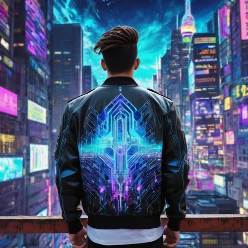 jacket,cyberpunk,futuristic,80's design,bolero jacket,windbreaker,cyber,would a background,prophet,electro,aesthetic,electric,music background,city lights,superhero background,neon lights,digiart,futura,clover jackets,neon arrows,Illustration,Realistic Fantasy,Realistic Fantasy 20