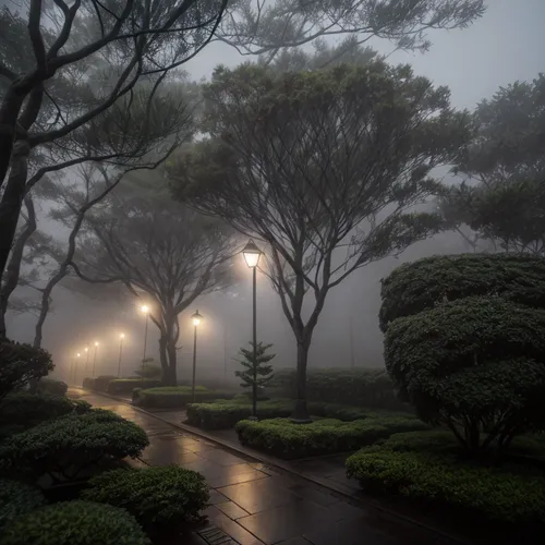 foggy park with street lights and trees on a rainy day,foggy landscape,dense fog,ground fog,foggy forest,fog,mists,morning fog,high fog,the fog,foggy,fog banks,early fog,autumn fog,wave of fog,dark pa