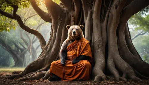 A Bear Monk wearing buddist monk dress sitting under a banyan tree.,buddhist monk,buddhists monks,indian monk,theravada buddhism,monk,middle eastern monk,buddhist,yogi,bodhi tree,buddhists,monks,medit