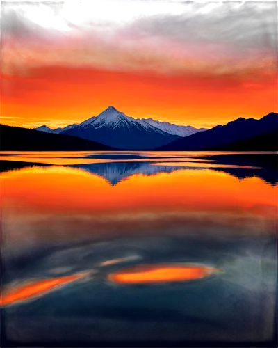 Vibrant orange sunset, warm glow, soft clouds, few birds flying, majestic mountain range, serene lake reflection, gentle wave ripples, tranquil atmosphere, 3/4 composition, shallow depth of field, war