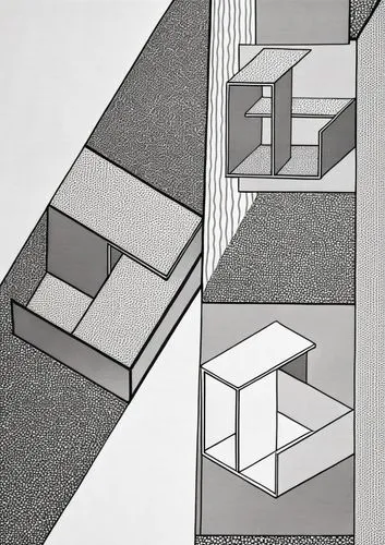 QUE EL ESTILO DE LA IMAGEN SEA DE FORMATO COMIC COMO LA IMAGEN DE REFERENCIA EN BLANCO Y NEGRO SIN SOMBRAS,a black and white drawing of two different rooms,isometric,orthographic,eisenman,rietveld,mul