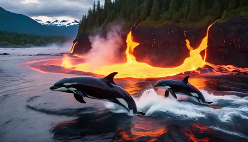 king penguins,volcano pool,donkey penguins,fire and water,lava flow,oceanic dolphins,volcanic activity,volcanoes,dolphins in water,volcanic field,lava river,volcanic landscape,active volcano,killer wh