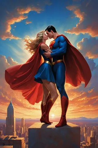 Supergirl, Superman, romantic kiss, flying in the air, sunset background, clouds, cityscape below, vibrant blue and red costumes, golden belt, iconic "S" logo, flowing cape, muscular arms, gentle hand