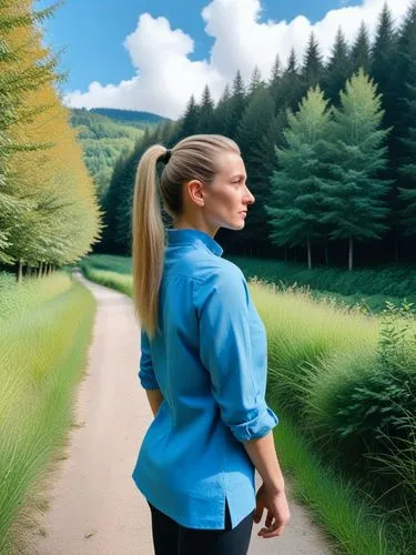 The picture shows a person with long, blond hair tied back in a high ponytail, standing barefoot outdoors in a wooded area. In the background are trees, bushes and a hint of a small fence in the middl