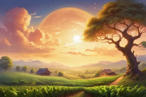 Create a story set in a peaceful moong bean farm.,landscape background,fantasy landscape,mushroom landscape,cartoon video game background,meadow landscape,druid grove,nature landscape,springtime backg