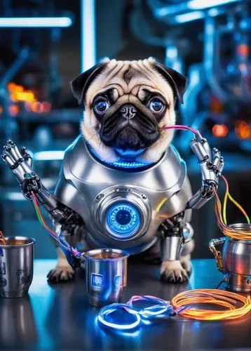 Cute pug, holding a colorful mug, AI robot companion, shiny metal body, glowing blue eyes, futuristic laboratory background, steel tables, various machinery, wires and cables, bright neon lights, 3/4 