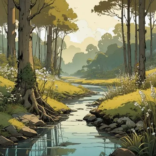 river landscape,brook landscape,forest landscape,a river,forest lake,wetland,Illustration,Children,Children 04