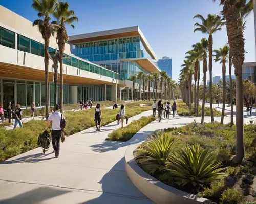 Southern California Institute of Architecture, modern building, glass facade, steel structure, green roof, students walking, backpacks, laptops, notebooks, pens, architectural models, blueprints, draf