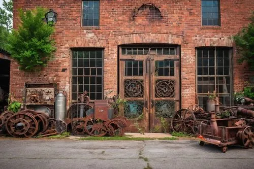 Reclaimed architectural elements, Durham NC, urban salvage yard, afternoon sun, rustic wooden crates, distressed brick walls, vintage industrial pipes, metal beams, reclaimed wood planks, eclectic mix