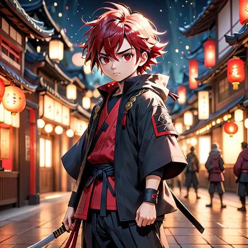 japanese style, manga, realistic,black and red ,ninja,anime character with sword in oriental courtyard,fukashiro,hiromasa,yukimura,senji,ryunosuke,naruko,Anime,Anime,Cartoon