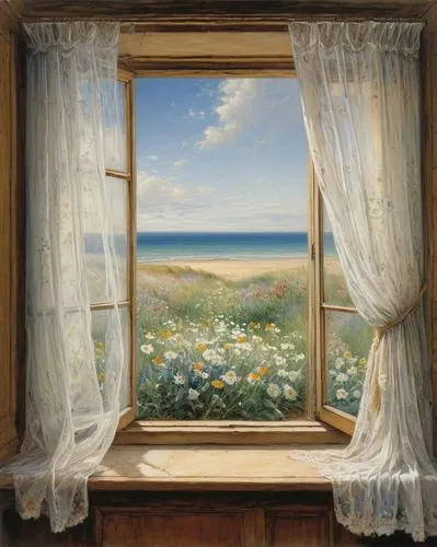 window with sea view,bedroom window,landscape with sea,open window,the window,floral frame,window covering,window treatment,window,window view,window curtain,window to the world,seaside view,windowsill,sea view,window valance,beach landscape,french windows,coastal landscape,bay window,Art,Classical Oil Painting,Classical Oil Painting 13