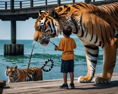 A boy fishes at the pier but a tiger is fished out of the sea,tigers,tiger cub,tiger,animal world,asian tiger,young tiger,a tiger,tigerle,animal zoo,animal balloons,tropical animals,big cats,zookeeper