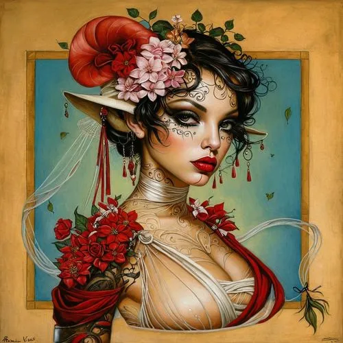 painting with feminine woman wearing red flower and hat,viveros,persephone,fantasy art,vanderhorst,fantasy portrait,bacchante,Illustration,Realistic Fantasy,Realistic Fantasy 10