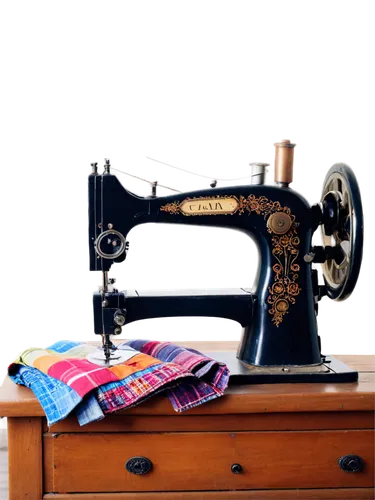 quilting, vintage sewing machine, old fabric scraps, colorful threads, wooden table, natural light, soft focus, warm color tone, shallow depth of field, 3/4 composition, morning atmosphere, gentle tex