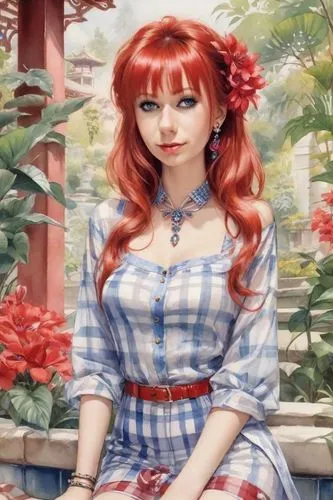 poster, post modern, 1950, sexy girl, stockings , red hairs,blue eyes, earrings, choker, very sexy hot, modern, flower on head, 
red lips, sexy makeup,checkered shirt,the painting of a girl is very be