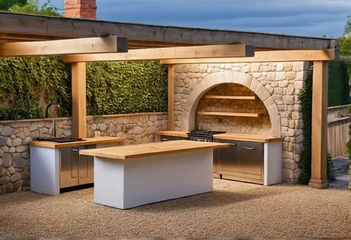 Front wall of an outdoor kitchen,pizza oven,masonry oven,stone oven,stone oven pizza,dog house frame,outdoor grill,outdoor table,brick oven pizza,barbecue area,cannon oven,outdoor dining,outdoor furni